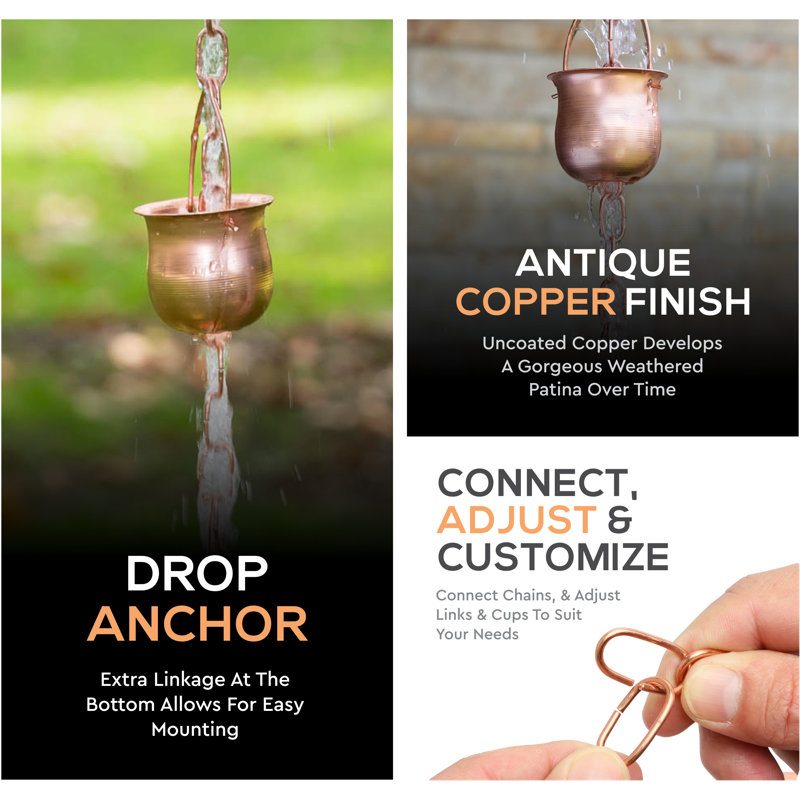Marrgon Copper Rain Chain With Pot Style Cups For Gutter Downspout Replacement, 102" H x 3" W x 2.25" D, Copper