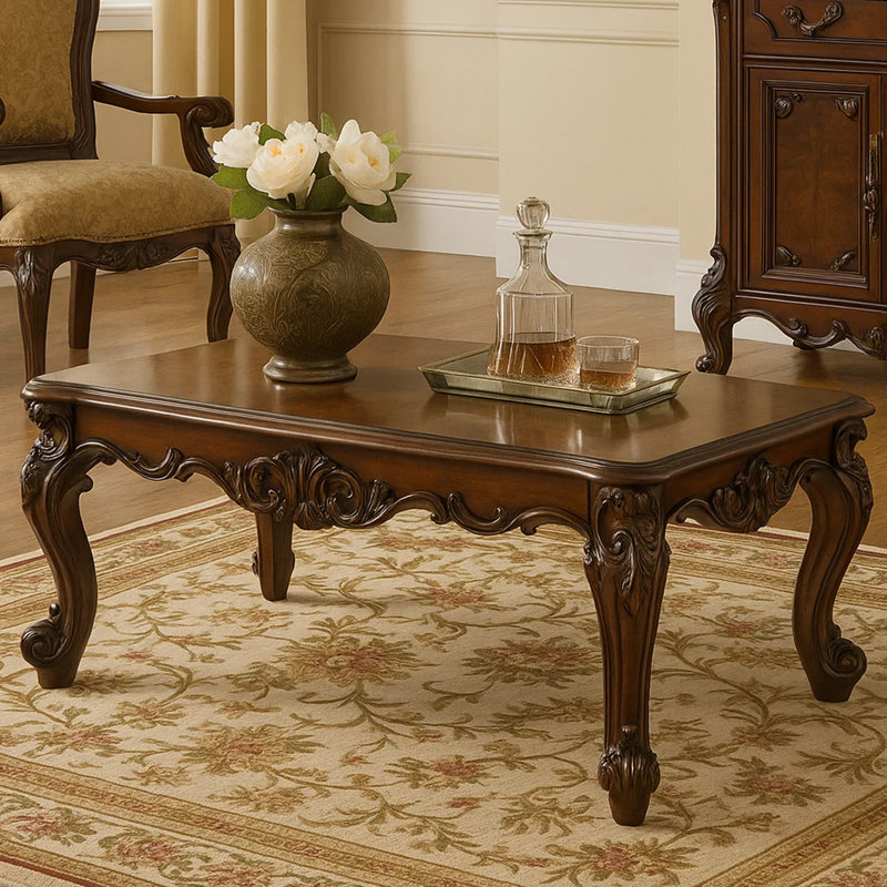 Table basse Genivra, plateau rectangulaire de 36 pouces, pieds à volutes, brun, Brun cerisier