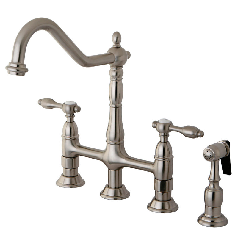 Kingston Brass Tudor Two-Handle 4-Hole Deck Mount Bridge Kitchen Faucet with Brass Side Sprayer, Brushed Nickel