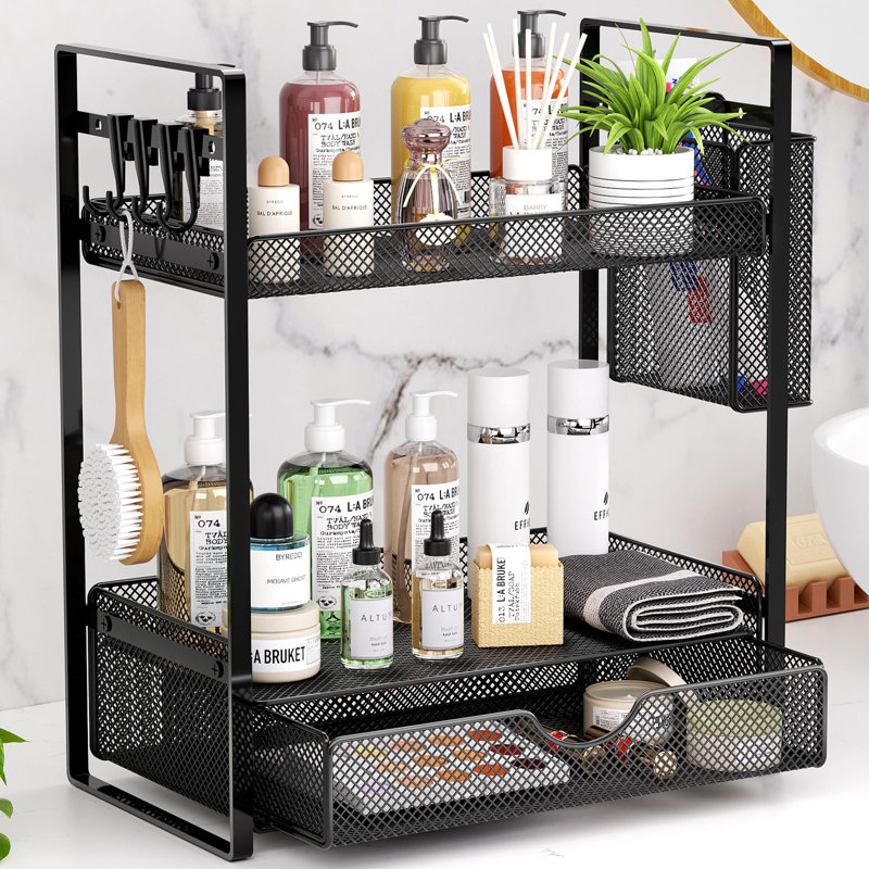 2-Tier Metal Mesh Bathroom Organizer with Drawer, Countertop Storage Shelf with Basket Hooks for Bathroom Sink Vanity and Kitchen Spice Organization