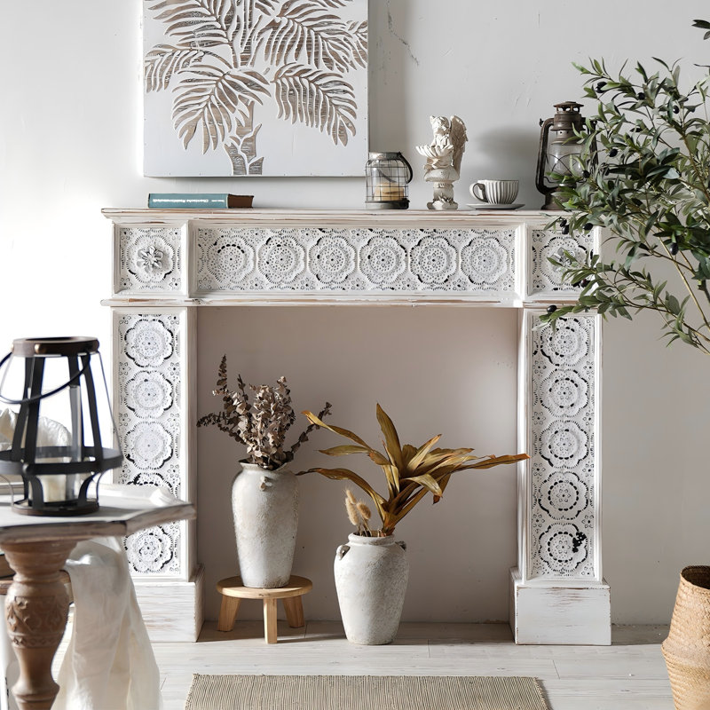 51.18"Antique-Style Solid Wood Fir Whitewashed Fireplace Mantel