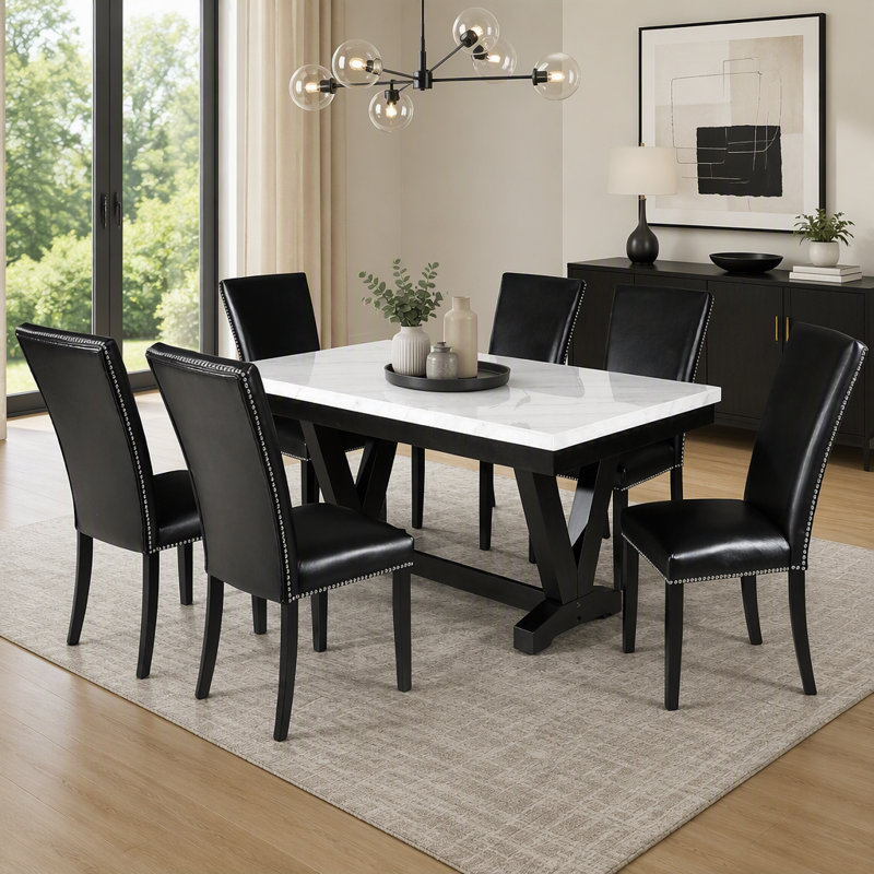 Table de salle à manger moderne moderne en faux marbre et noir avec table en V et tréteaux