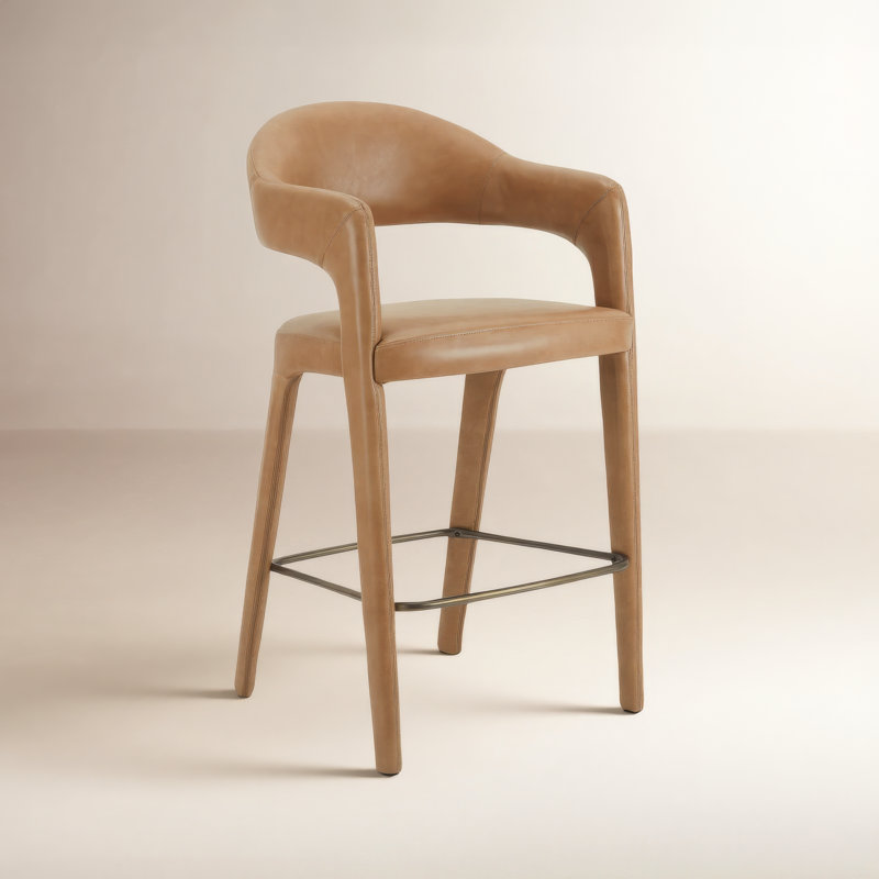 Tabouret rembourré Cathline, Tabouret de bar (siège d'une hauteur de 30,3 po), Cuir véritable brun