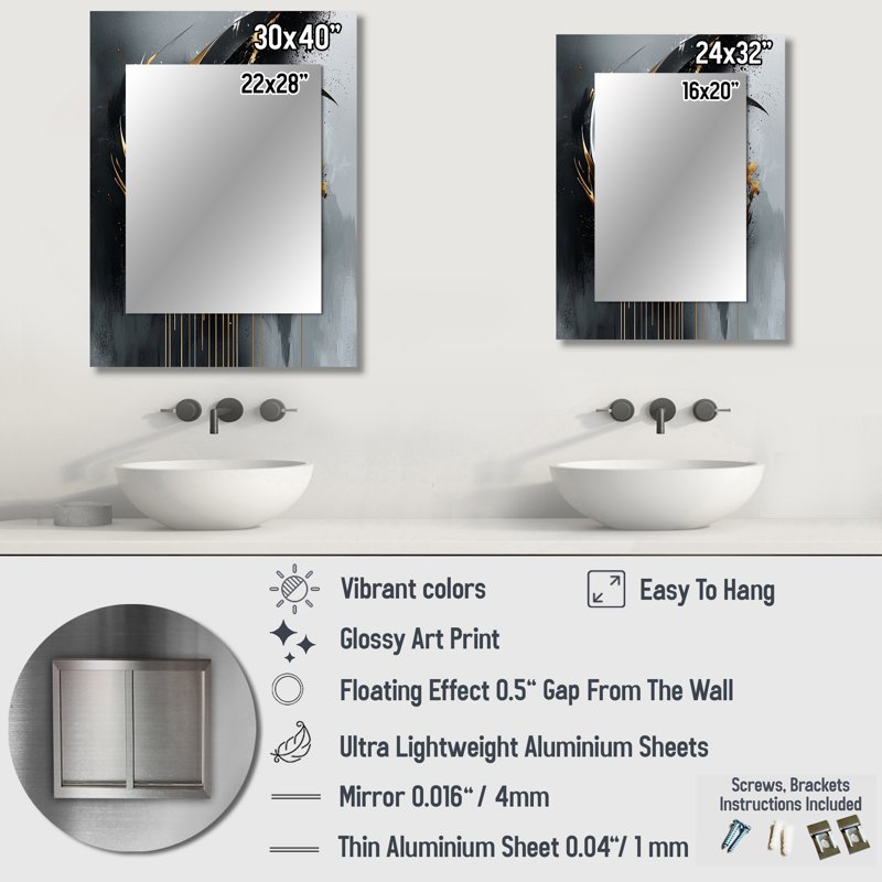 Black And Gold Abstract Shapes And Lines I - Abstract Shapes Decorative Mirror, Modern Large Wall Mirror, Printed Metal Art