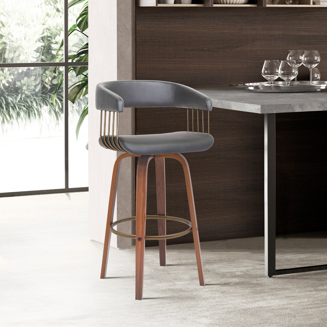 Lynnon Swivel Counter or Bar Height Bar Stool in Faux Leather, Wood and Golden Bronze Metal Latitude Run® 
