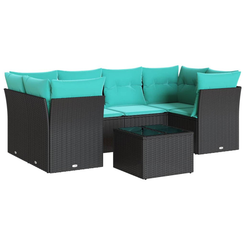 Ensemble de canapé de patio 7 pièces avec coussins en rotin de polyester, Bleu clair, Noir
