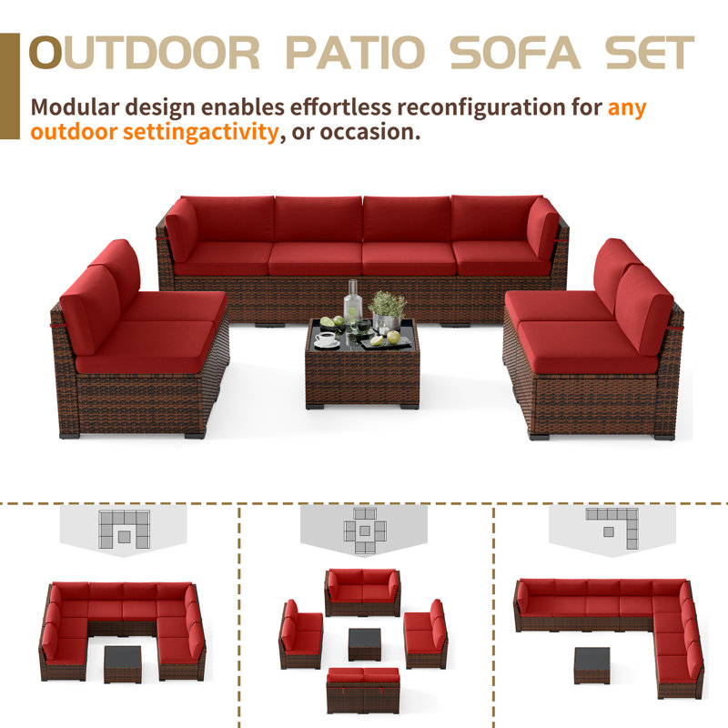 Ensemble de conversation modulaire en rotin pour 8 personnes avec coussins, Rouge, Non