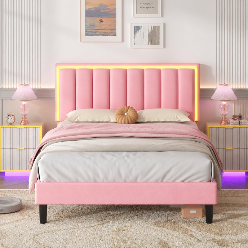 Ensemble de chambre à coucher 3 pièces Smart Bed, Rose/Blanc, Lit double