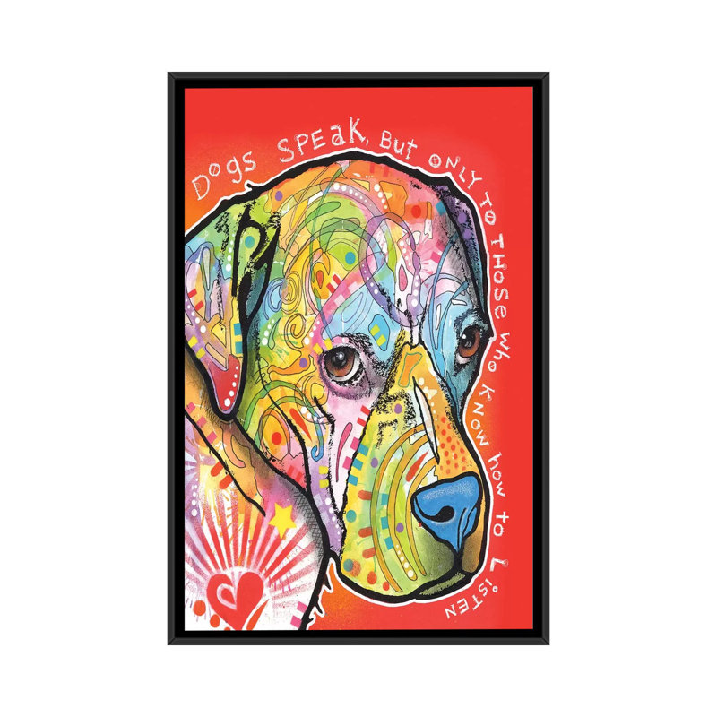 « dogs speak », impression sur toile tendue, H 26 po x l 18 po x P 1,5 po, Toile avec cadre noir