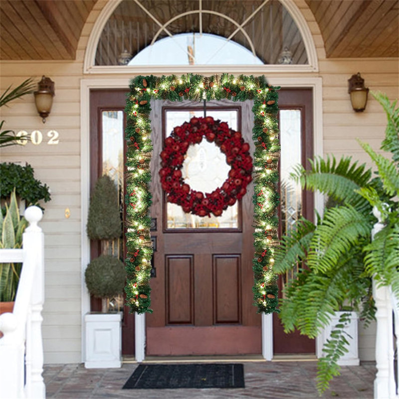 9 Ft Christmas Garland Prelit with 50 Lights, Bristle, Pine Cones, Holly Berries for Outdoor & Indoor Christmas Decorations