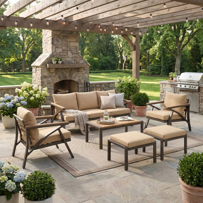Ensemble de 6 meubles de patio extérieur, ensemble de canapé à structure en acier avec table basse, ensemble de conversation pour terrasse, jardin, bord de piscine