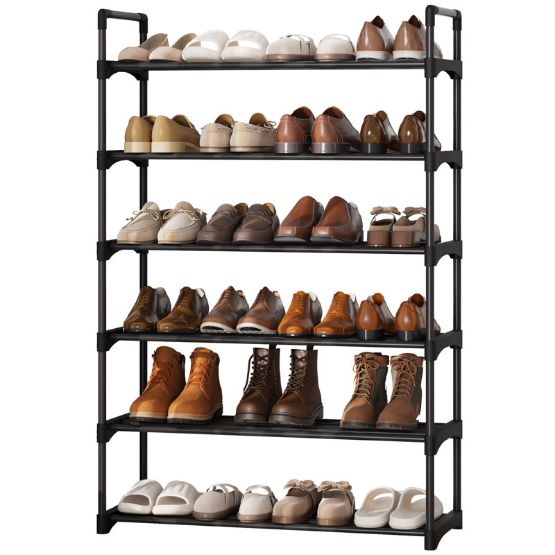 Étagère à chaussures à 6 niveaux avec capacité de 32 à 40 paires de tablettes de rangement flexibles sans outils en métal noir pour vestibule