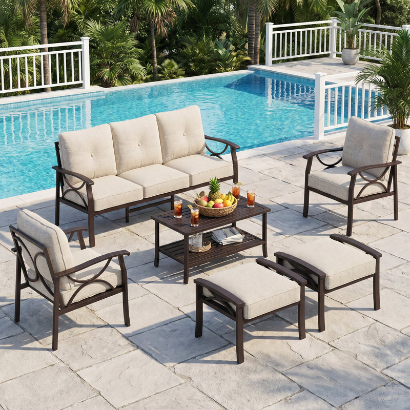 Outdoor Furniture Set with Cushions, 7-Person All-Weather Metal Frame Patio Furniture Set, 6-Piece Outdoor Patio Set with Ergonomic Back Support