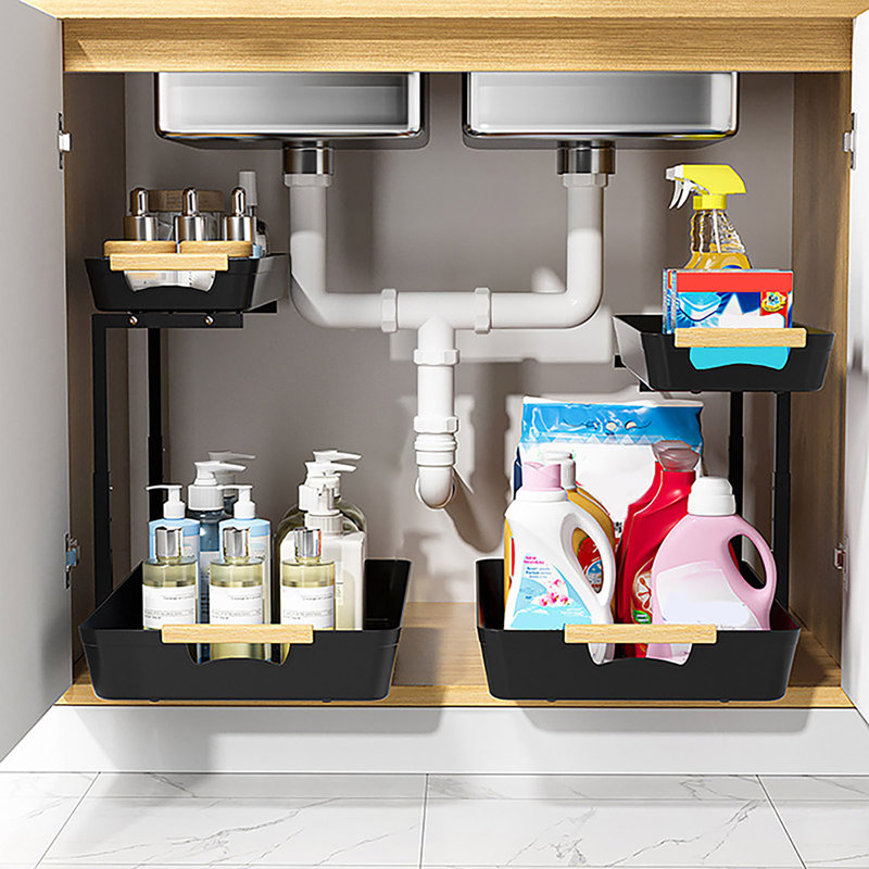 Under-sink Storage Rack with Slide-Out Drawers Double Layer Design Spacious Capacity Height