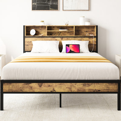 Bed Frame With Charging & Storage Headboard, Metal, , Strong, No Box Spring Requi, Easy Assembly Operations Metal Platform Bookcase Headboard Electric by Alwyn Home