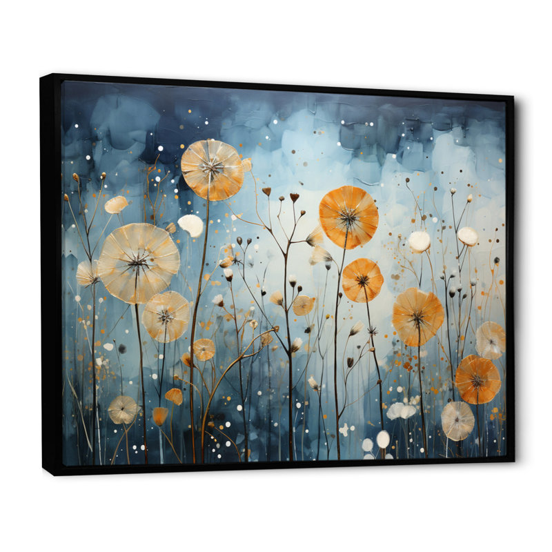 Blue Dandelion Floral Symphony VI - Floral Wall Art Living Room, H 34 po x l 44 po x P 1,5 po, Cadre flottant noir