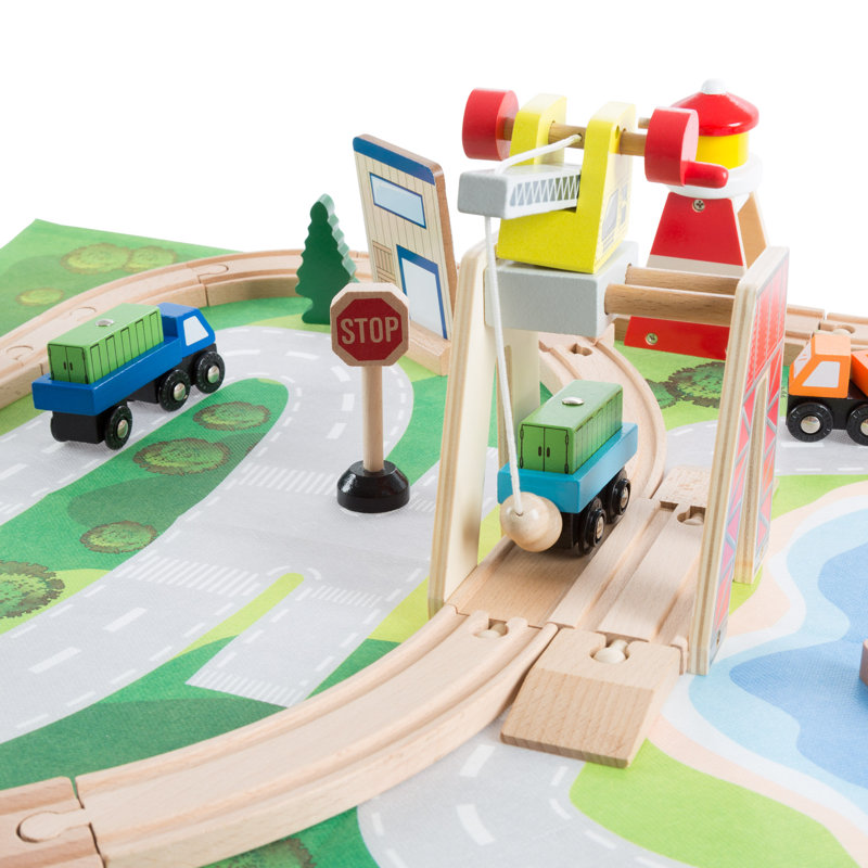 Hey Play 75-Piece Wooden Train Set with Play Mat