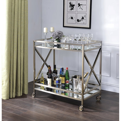 Antique Gold Serving Cart With Mirrored Top And Open Bottom Shelf Storage Metal In Compartment