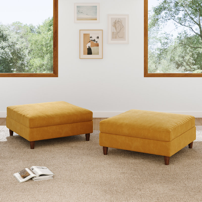 Upholstered Orange Square Corduroy Ottoman with Solid Wood Legs, Ottoman Modular Part For Sectional Sofa, Orange