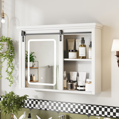Sliding Door LED Bathroom Mirror Cabinet, Farmhouse Wall-Mounted Medicine Cabinet With Hidden Storage & 3-Color Light