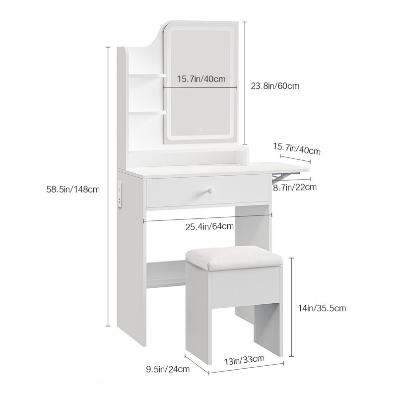 Compact Makeup Vanity Set with Lighted Mirror and Power Outlet