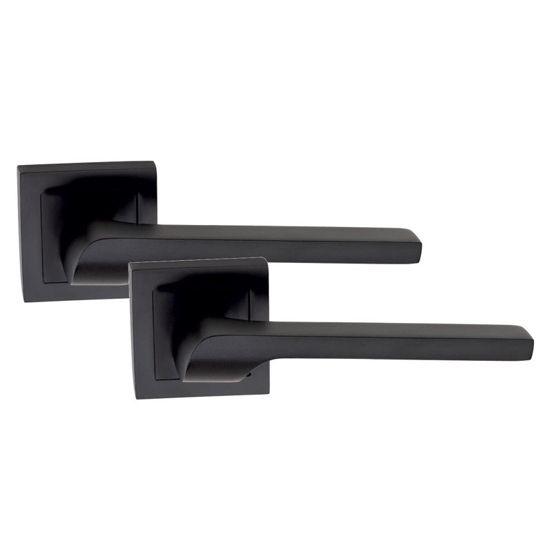  Sigma Design Bathroom Door Handles Set on Square Rose in Matt Black Finish with 64mm Latches and Pair of 3" Ball Bearing Hinges