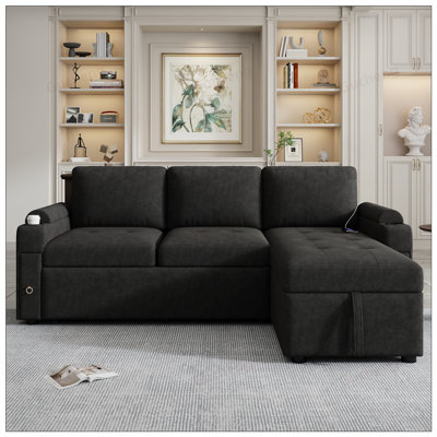 Canapé-lit en L de 83,5 pouces avec canapé-lit et rangement spacieux, porte-gobelets et ports USB pour les salons modernes