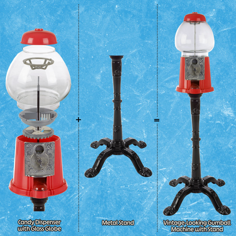 15'' Bubble Gum Machine with Stand - Vintage Style Gum Ball Machine - Style Candy Dispenser Vending Machine with Glass Globe and Metal Base, Red