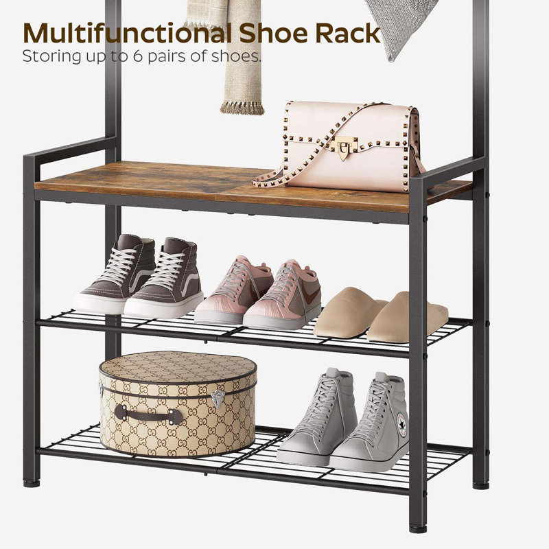 Coat Rack With Shoe Bench, Entryway Bench With Shoe Storage, Multifunctional Entryway Storage Organizer, Metal Frame And 8 Movable Hooks, For Hallway, Rustic Brown