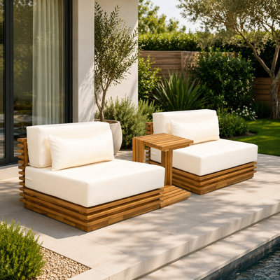 Oversized Outdoor 3-Piece Chat Set with Two Club Chairs and Side Table, Acacia Wood Frame, Natural Finish with Beige Cushions