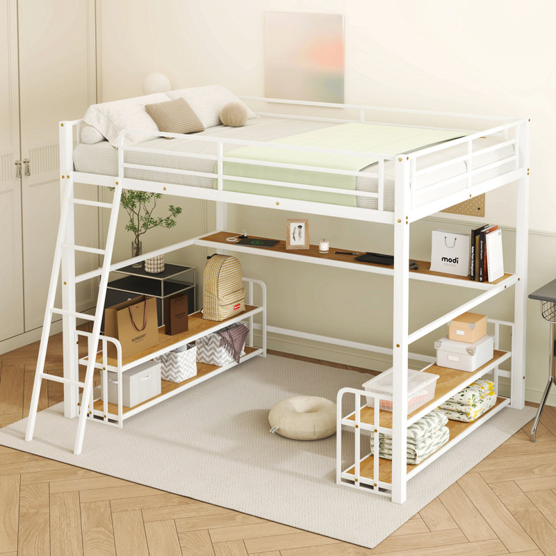 Lit mezzanine en métal avec bureau, tablettes de rangement et station de charge, Lit double