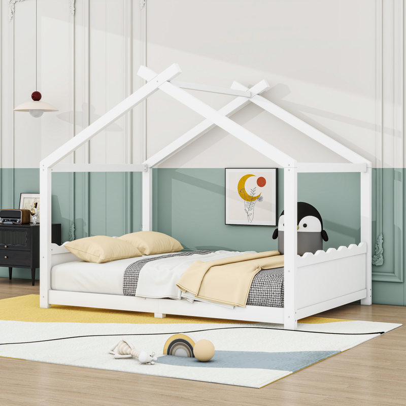 Wood Floor Bed With Slats, Full, White