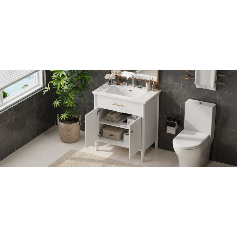 Meuble-lavabo 30 po avec lavabo, armoire de salle de bain avec portes à fermeture en douceur et tablette réglable, conception à profil courbé, pieds en bois d'hévéa, blanc