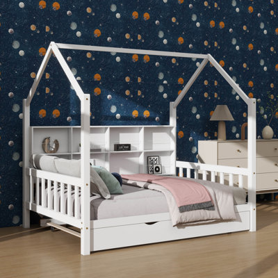 Full-Sized House Bed With Trundle, Children's Bed With Built-In Shelf