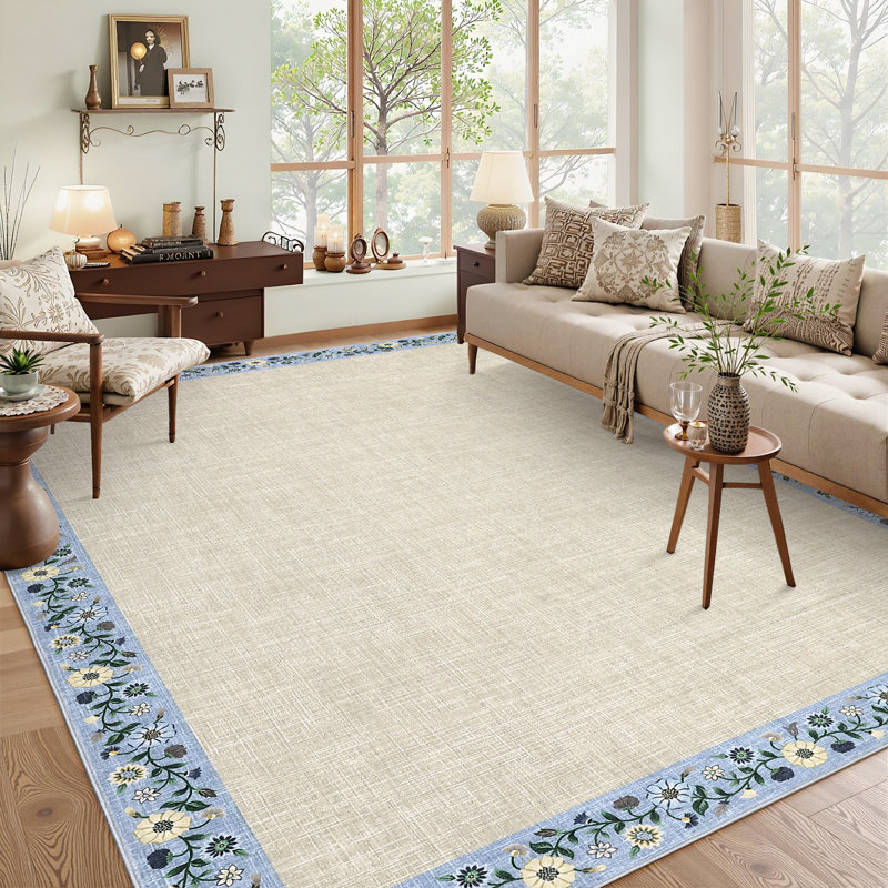 Washable Living Room Rug Floral Bordered Area Rugs Soft Thin Indoor Carpet for Bedroom Modern Throw Aesthetic Mat Non Slip Stain Resistant Carpet for Dining Room Office