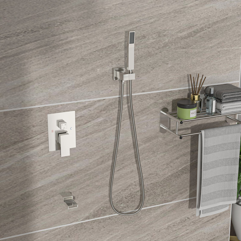 Système de douche avec bec de baignoire en cascade en nickel brossé - Fixation murale 10 po, carrée, 3 fonctions, douche à effet pluie, à main, nickelé carré avec trousse d'instruments, tête de pluie, installation