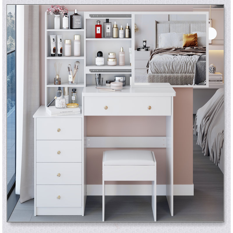 37-Inch Vanity Table With Cushioned Stool, Extra Large Sliding Mirror, And Multi-Layer Storage For Large Spaces, White