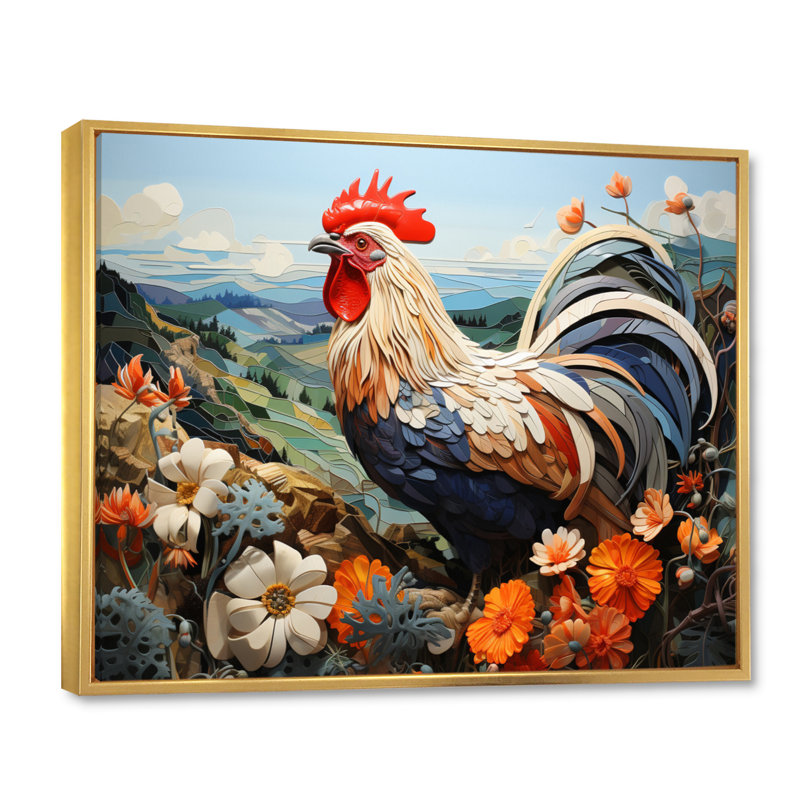 Portrait de coq avec des fleurs de montagne, 24" H x 32" W, Cadre flottant doré