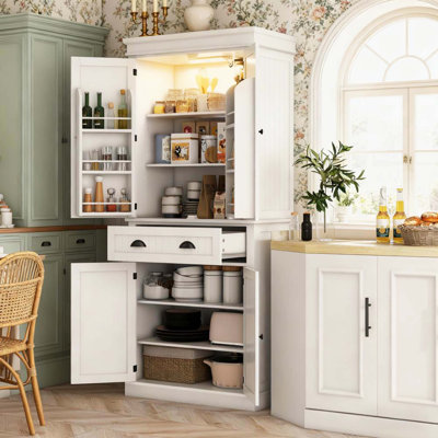 Nordic Style Kitchen Pantry Cabinet with LED Lights, Drawer and Multiple Adjustable Shelves