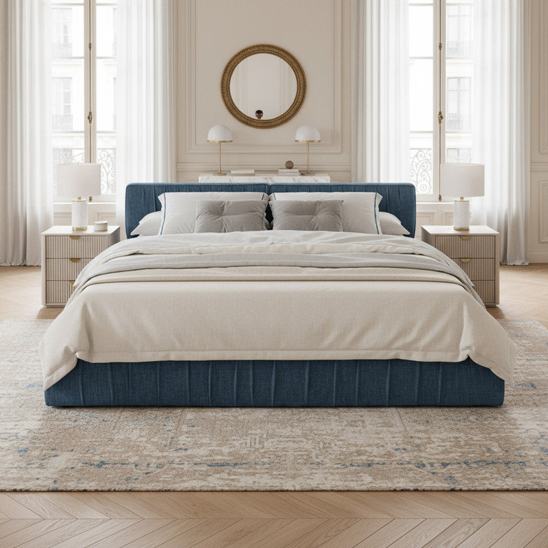 Cadre de lit plateforme grand tapissier avec tissu chenille, Bleu très foncé