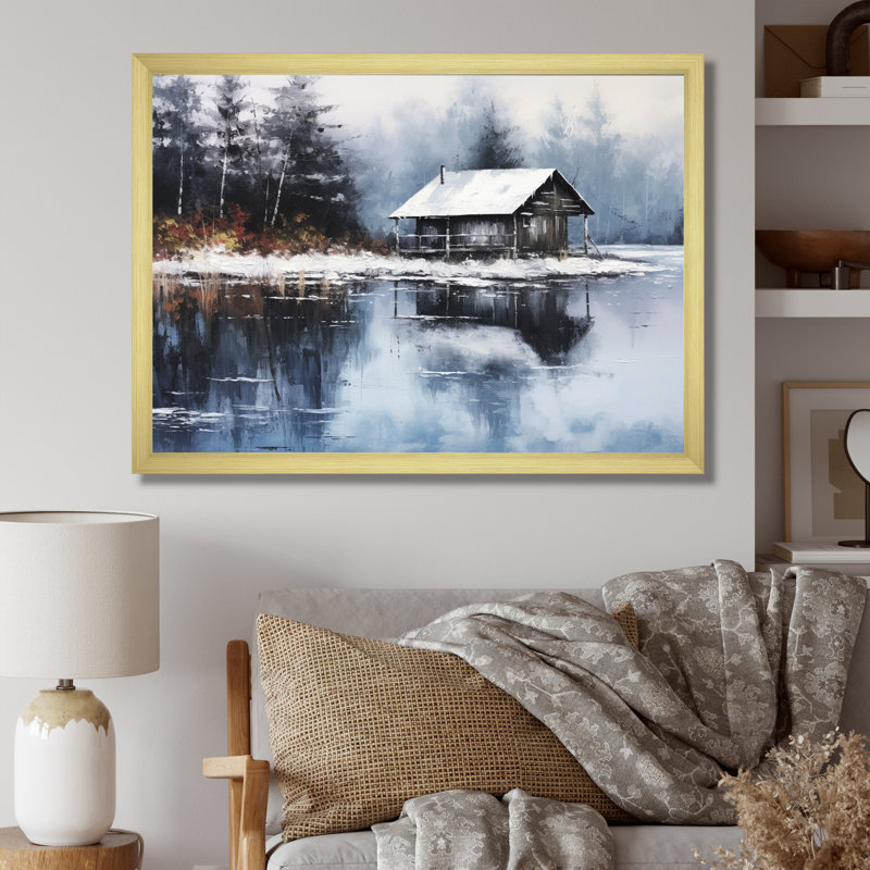 Cozy Snow Cabin IV sur toile, H 24 po x l 32 po x P 1 po, Cadre doré à une seule photo