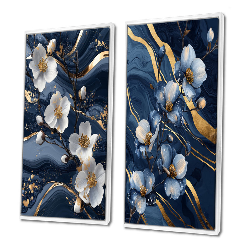 Cornouiller doré doré, fantaisie I - Collection d'art mural floral 2 pièces, H 28 po x l 25 po, Cadre flottant blanc