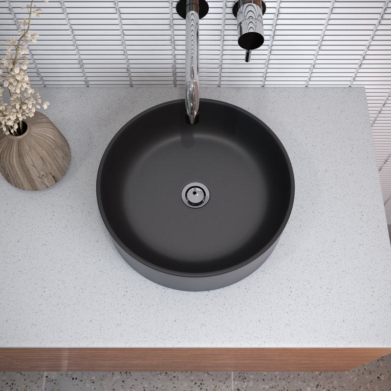 Tucana Bench Mount Ceramic Round Vessel Bathroom Sink, Matte Black