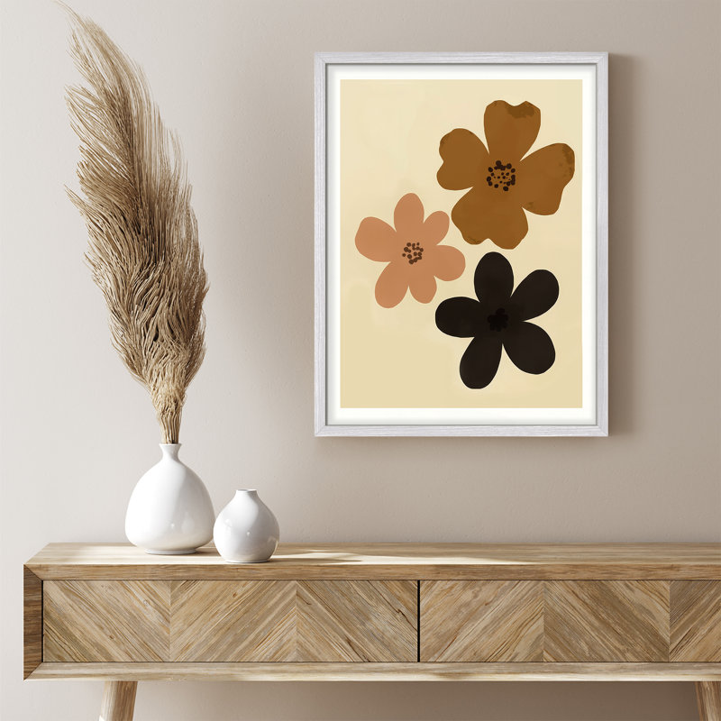 Reproduction d'art mural moderne abstrait floral - Illustration minimaliste de fleur brune et noire encadrée pour le salon ou la chambre à coucher