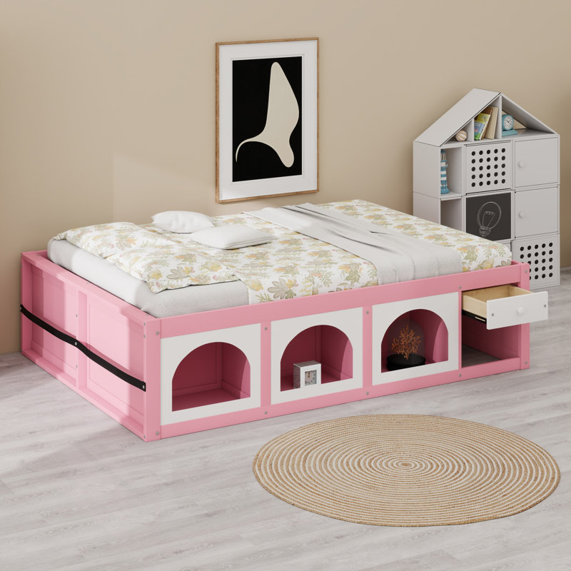 Lit plateforme en bois avec bibliothèque, éclairage à DEL et tiroir de rangement, Grand lit, Rose et blanc