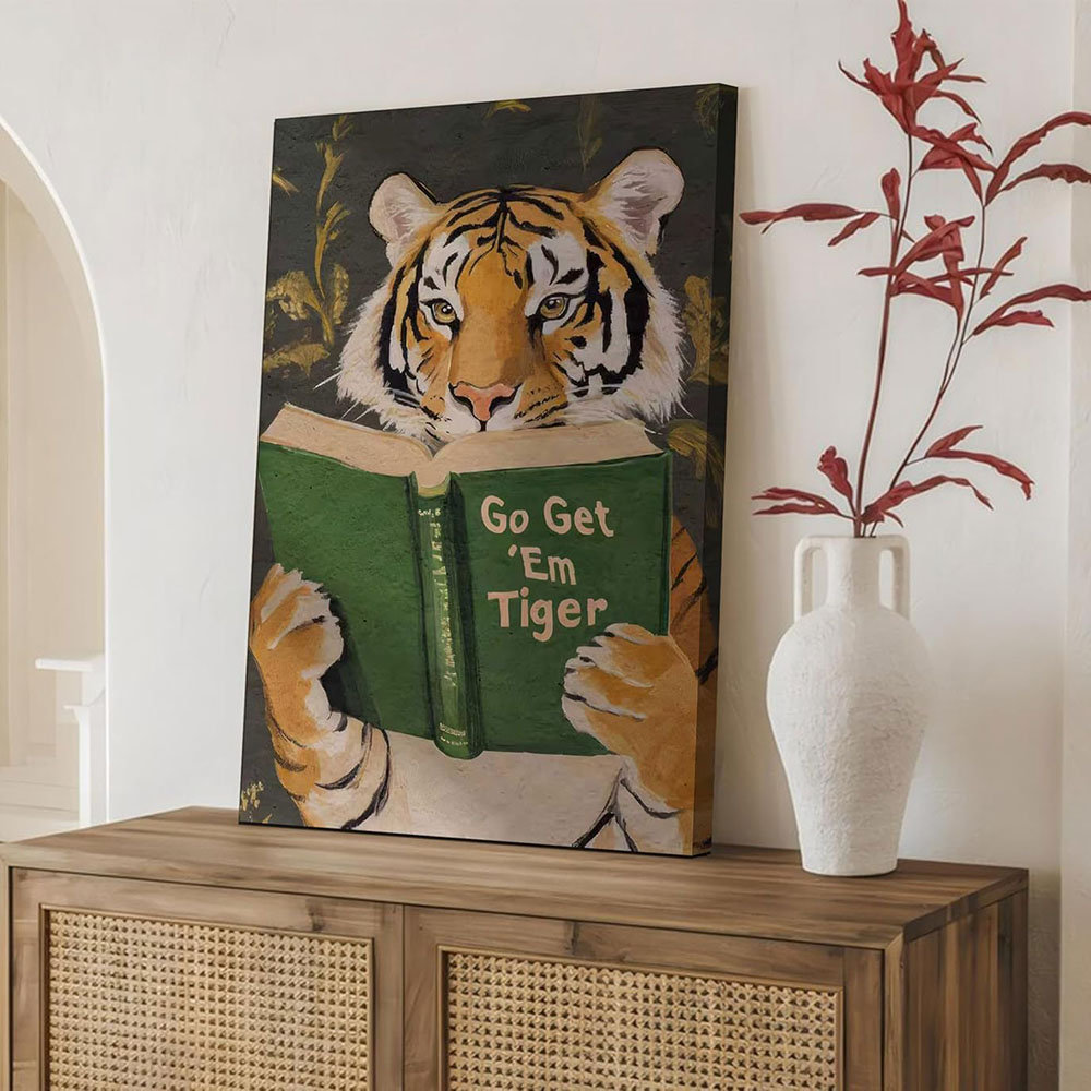 Vintage Reading Canvas Wall Art Go Get Em Tiger Picture Funny Animal Reading Book Motivational Poster Print Bookworm Painting Wall Decor For Library B