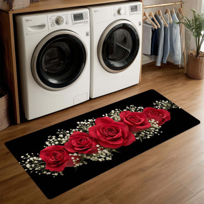Red Rose Bouquet Valentine's Day Laundry Room Rug 18X47 Inch – Elegant Floral Non Slip Runner Mat For Kitchen, Laundry And Romantic Home Decor