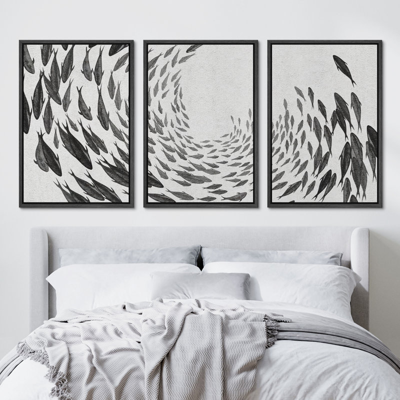Nautical Animals Gray Swirling Fishes Marine Nautical Animal Neutral Pictures Framed Canvas 3 Piece Print Wall Art