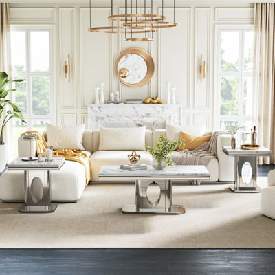 3-Piece Faux Marble Table Set, 46.85" Coffee Table With 22.83" End Tables, Oval Cutout Base With Mirrored Stainless Steel Frame