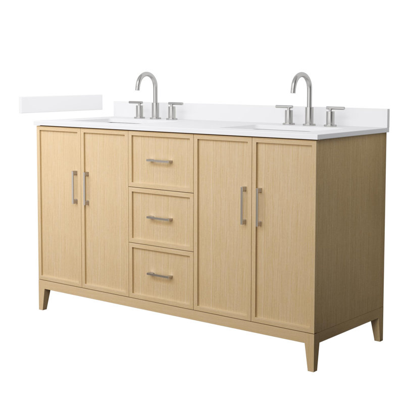 Ensemble de meuble-lavabo double 60 po Elan, Chêne blanc avec bordure en nickel brossé, Comptoir en marbre de culture blanc